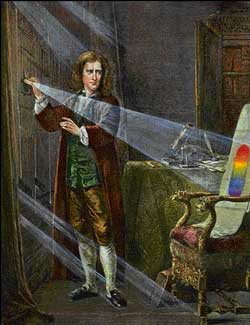 Gravura de Isaac Newton com o prisma de luz